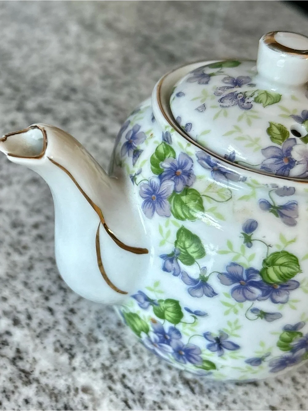 White Porcelain Teapot with Purple and Green Floral Print Design Lefton China